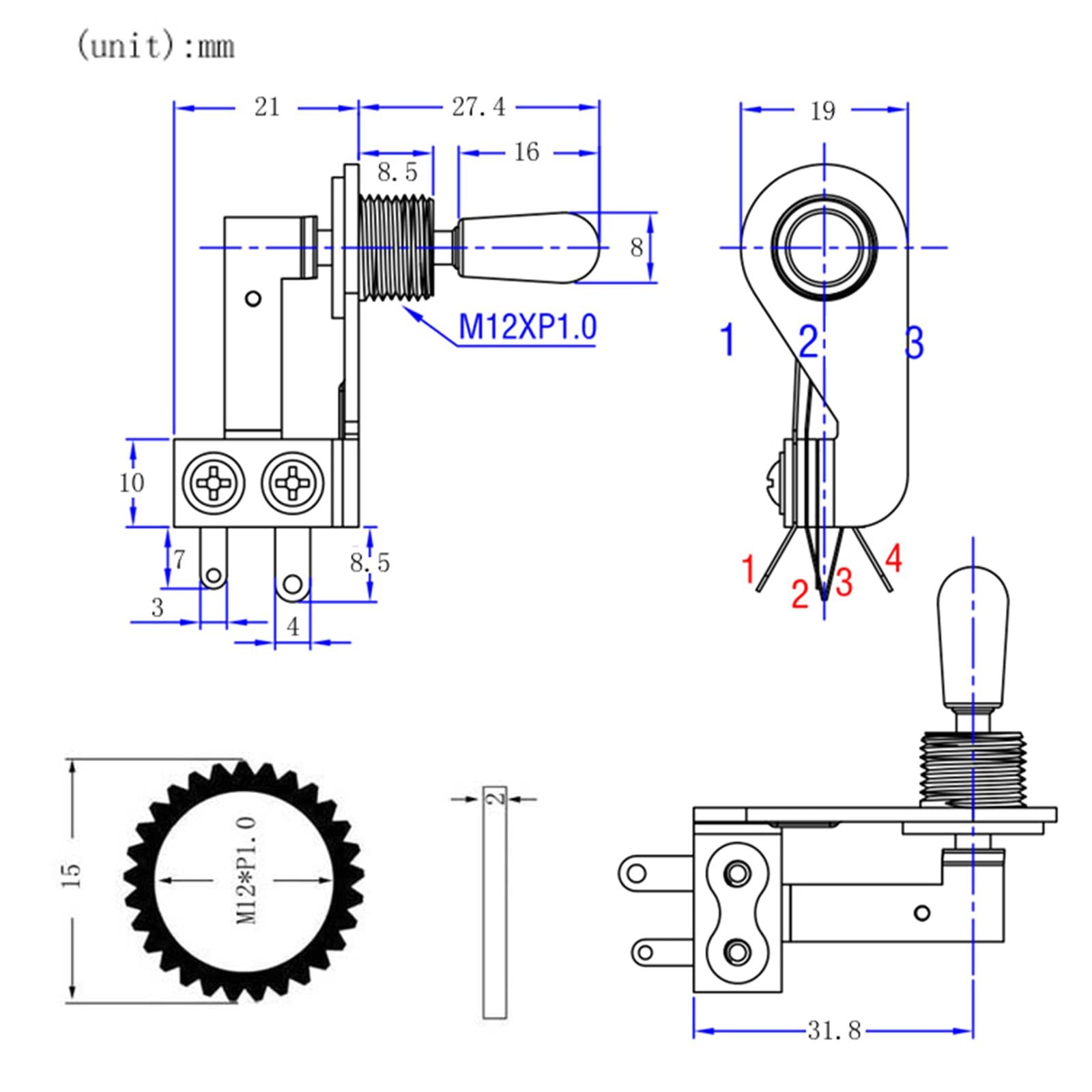 Right Angle Toggle Switch 3 Way Switch Electric Guitar  Black and Silver