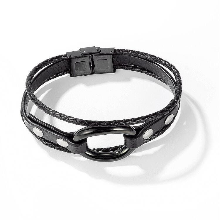 OPK 1398 Men Ring Titanium Steel Leather Bracelet Retro Multi-layer Woven Wristband, Color:Black