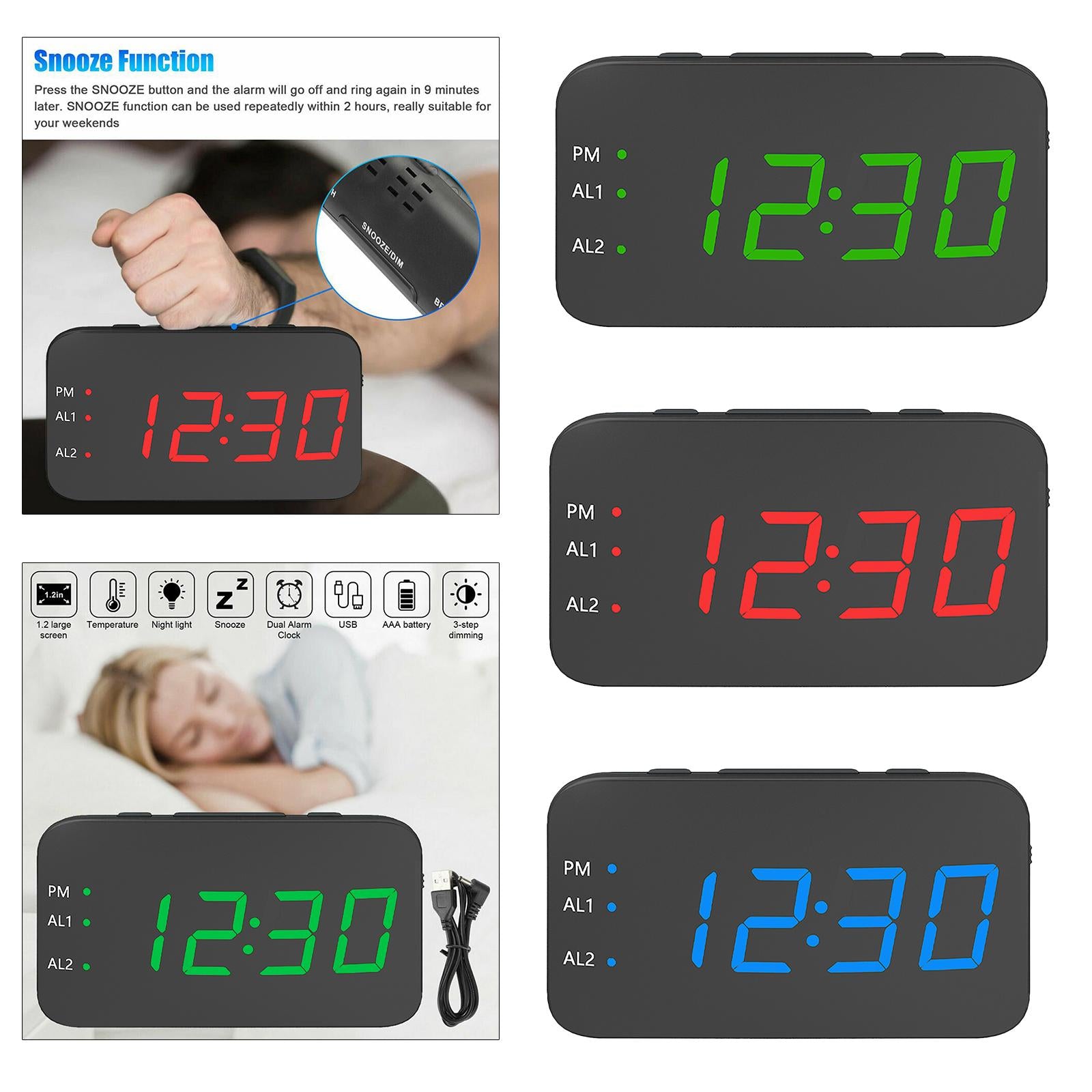 Digital Alarm Clock Led LED Display Snooze Desk Temperature Display Red