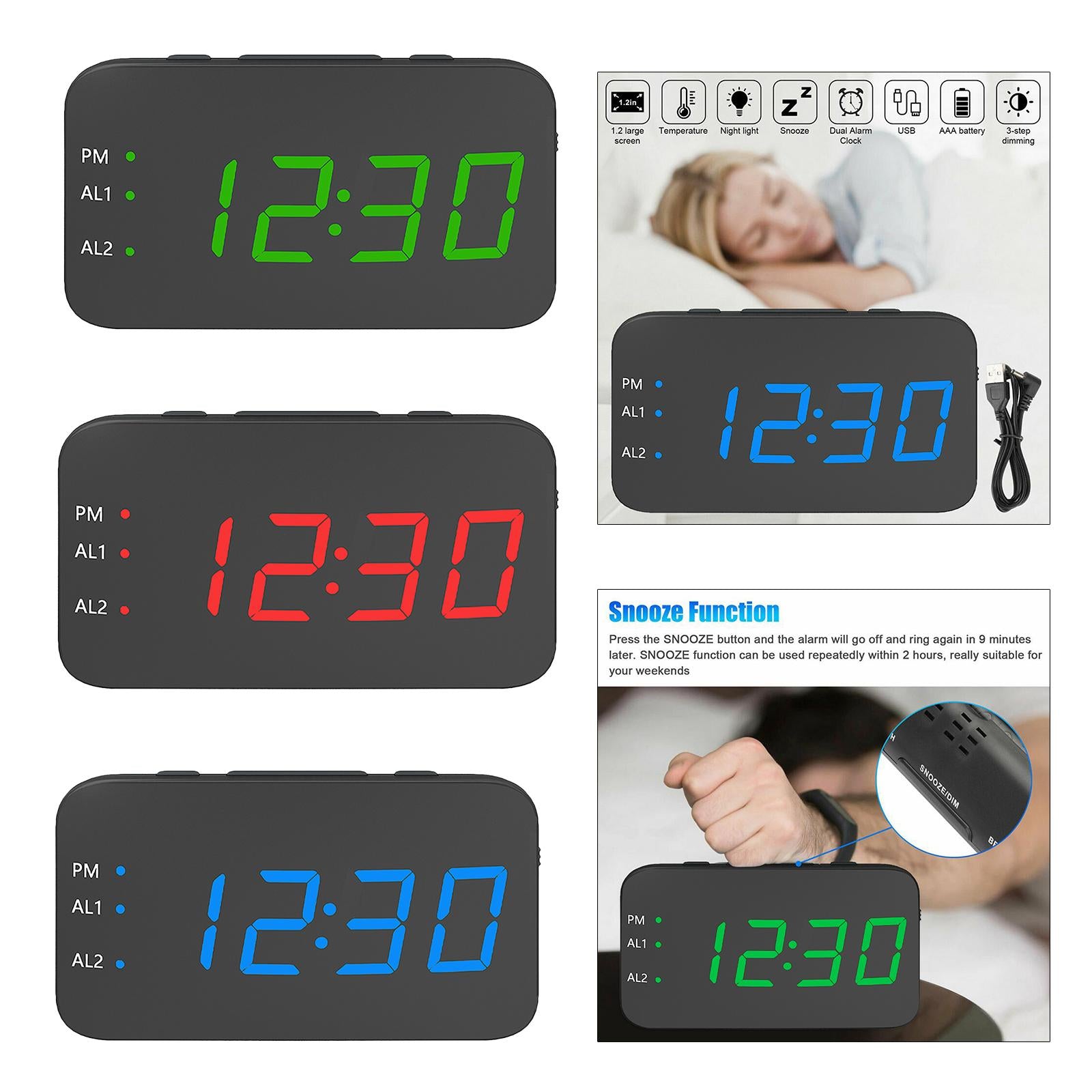 Digital Alarm Clock Led LED Display Snooze Desk Temperature Display Red