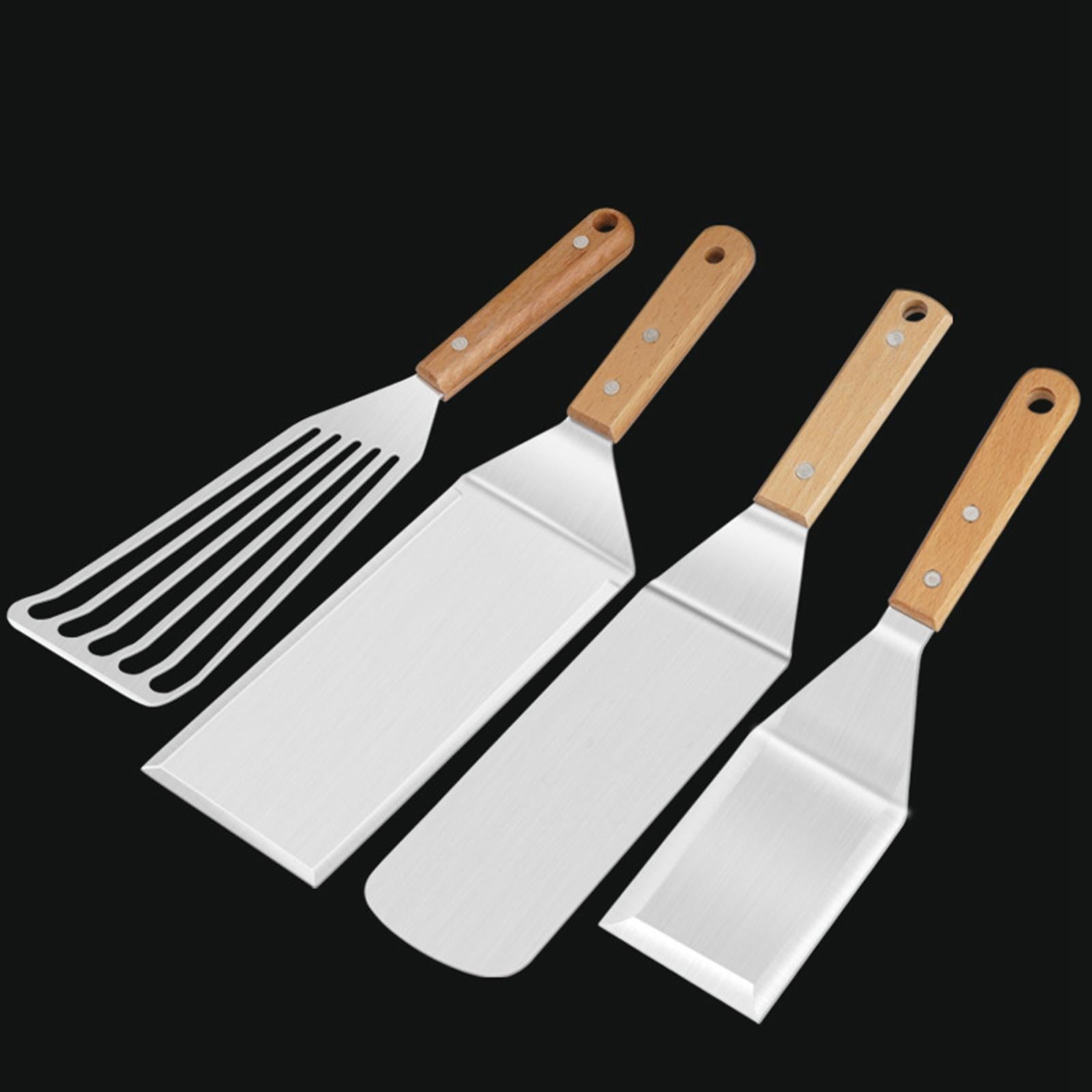 Metal Grill Spatula & Scraper Set Wooden Handle for Cutlets Cooking Baking 4pcs
