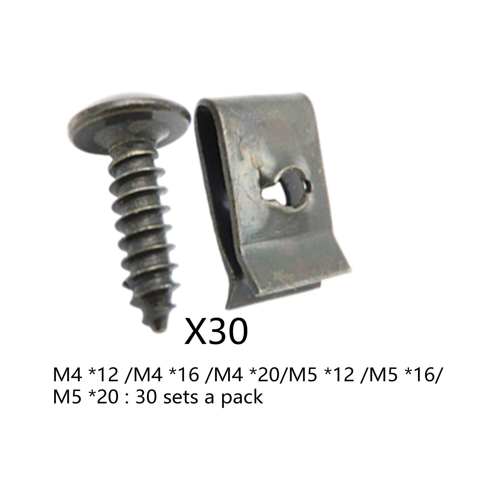 30pcs Car Motorcycle Plastic Cover Metal Retainer U-Type Clips and Screws M4X12