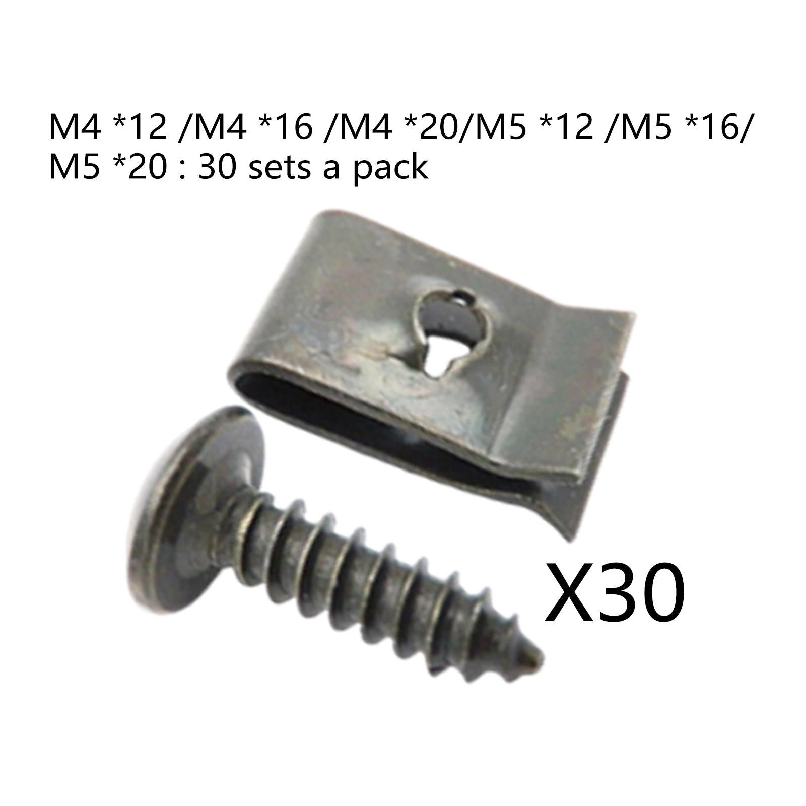30pcs Car Motorcycle Plastic Cover Metal Retainer U-Type Clips and Screws M4X12