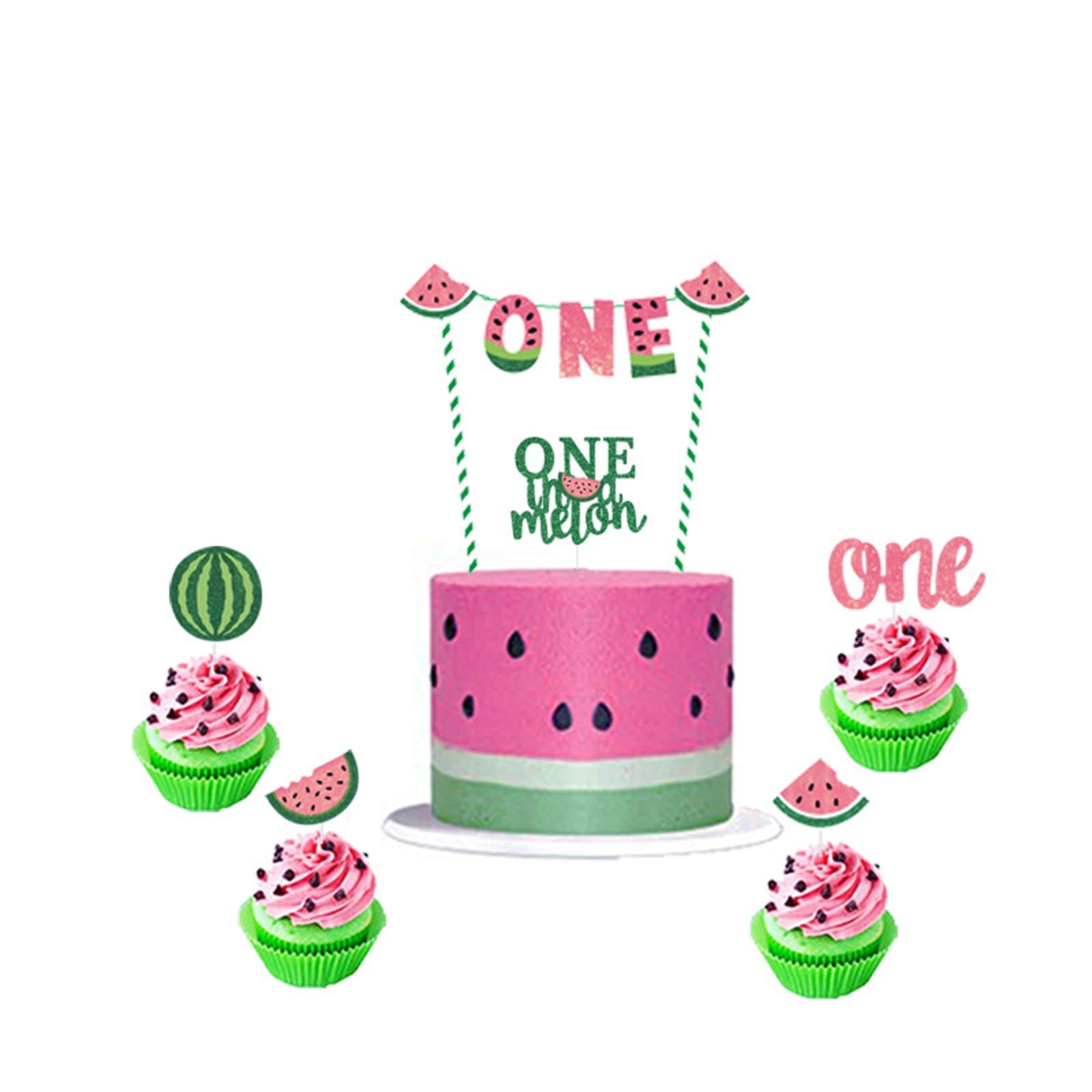 One in A Melon Cake Cupcake Toppers Glitter Watermelon Themed for Birthday