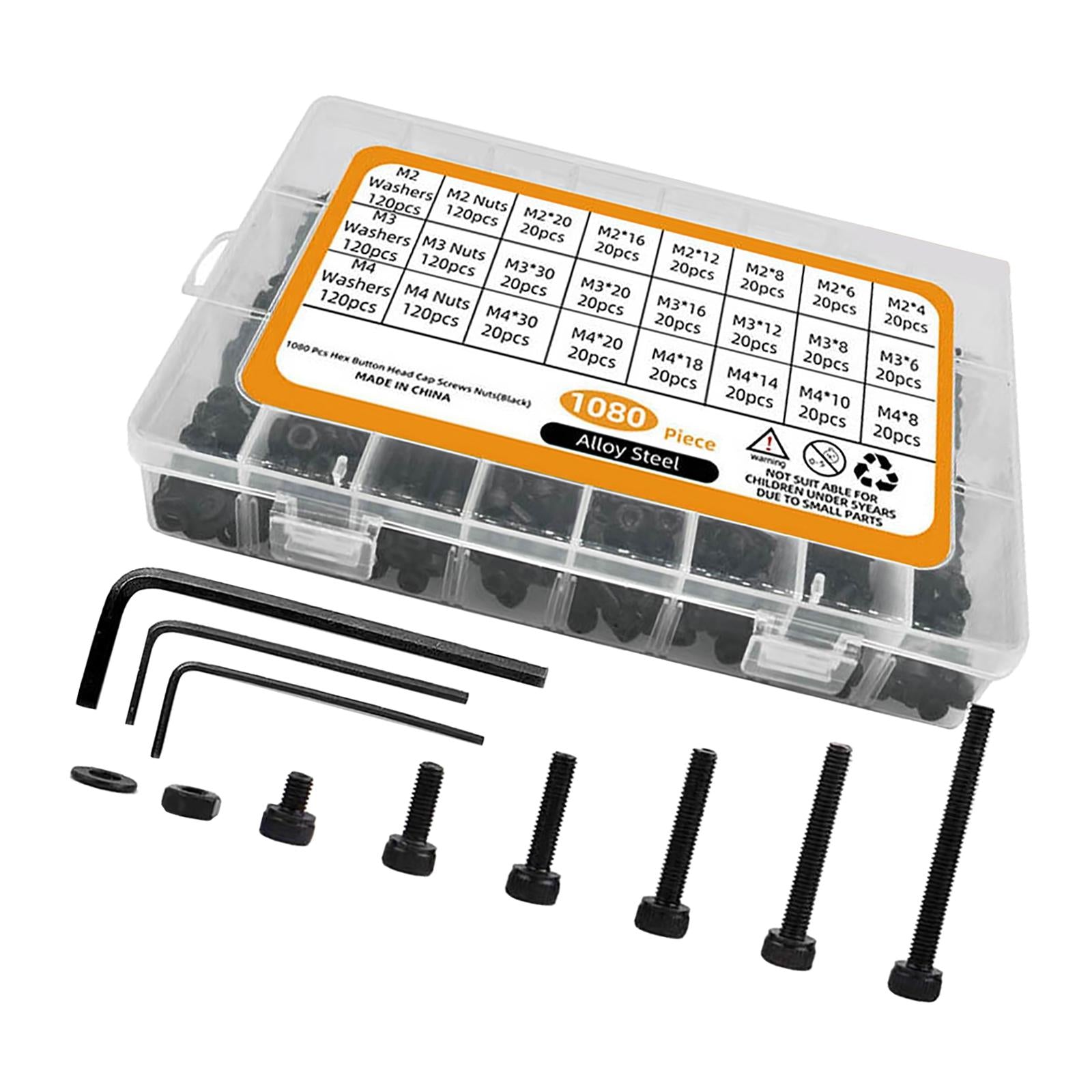 1080Pcs M2 M3 M4 Hex Socket Screws Nuts Flat Washer for Electrical Plumbing