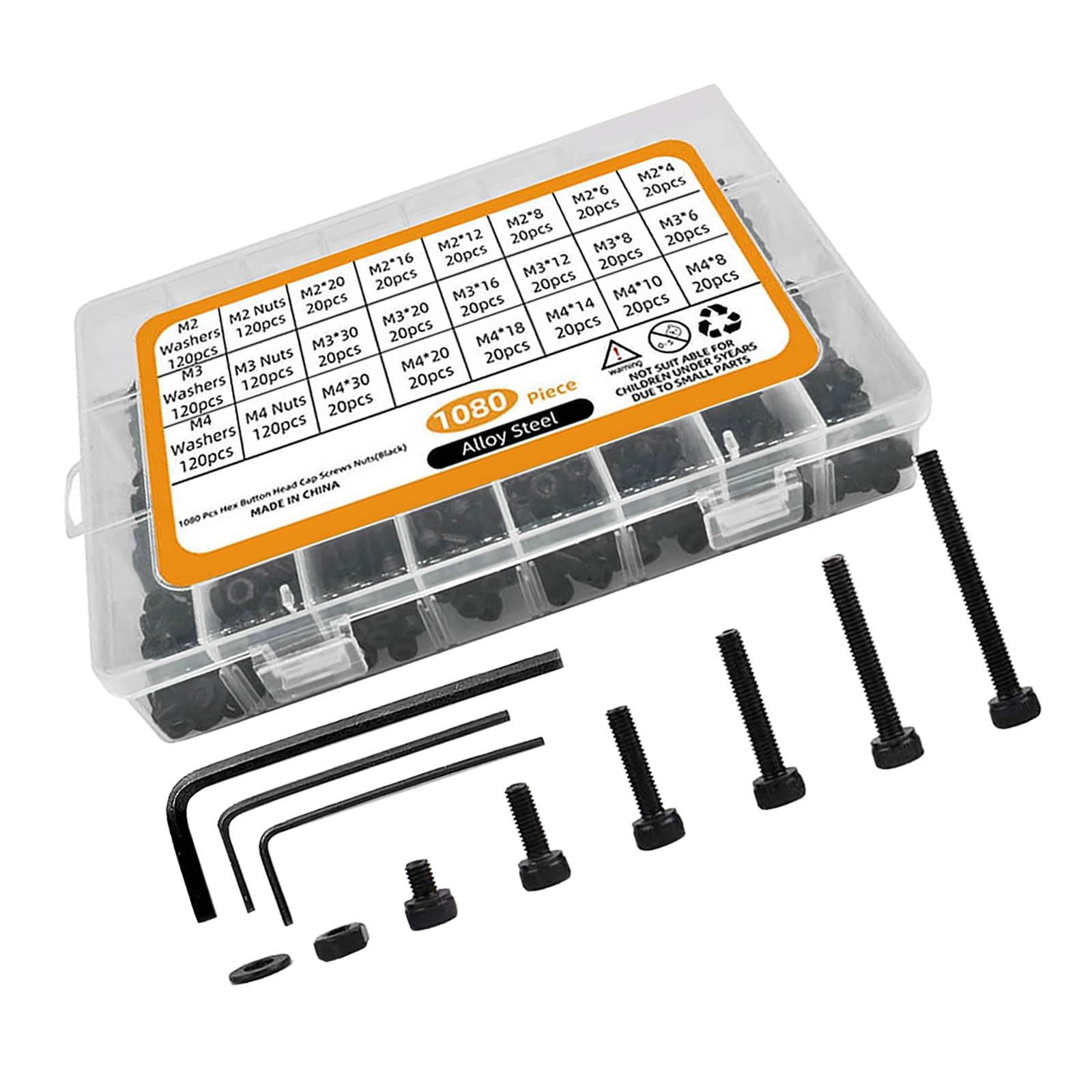 1080Pcs M2 M3 M4 Hex Socket Screws Nuts Flat Washer for Electrical Plumbing