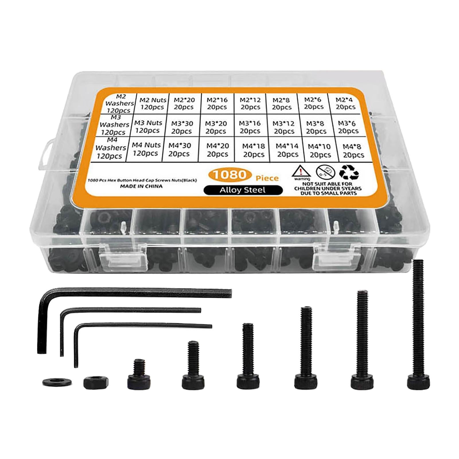 1080Pcs M2 M3 M4 Hex Socket Screws Nuts Flat Washer for Electrical Plumbing