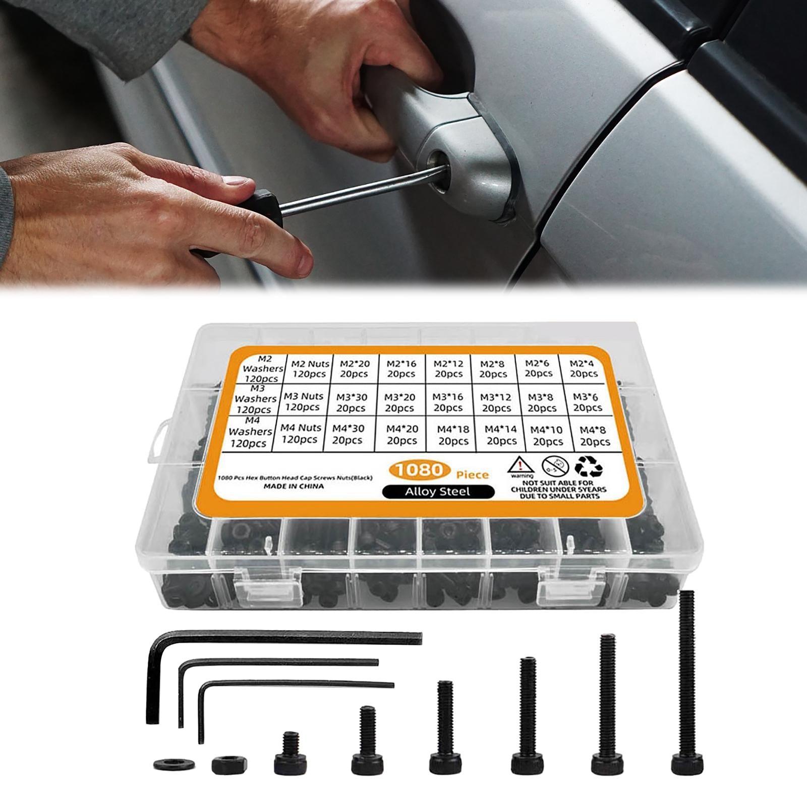 1080Pcs M2 M3 M4 Hex Socket Screws Nuts Flat Washer for Electrical Plumbing