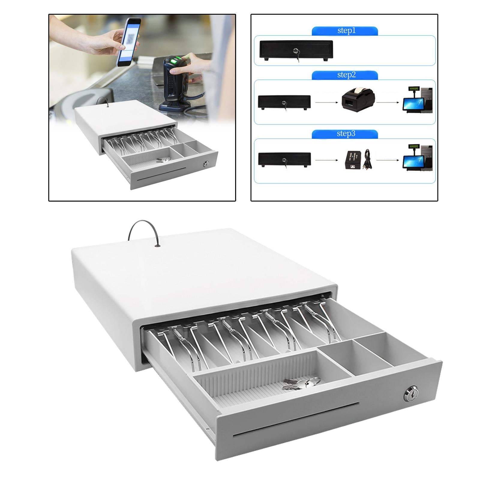 Cash Drawer Box Cash Drawer Tray RJ11 Key Lock for Stores Shops White