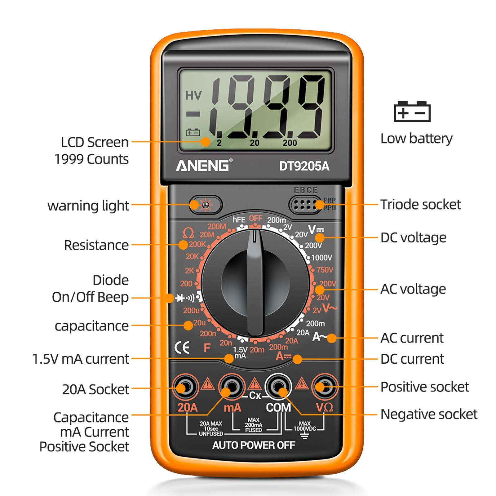 DT-9205A Handheld Digital Multimeter Continuity Test Diode Voltage Tester Yellow