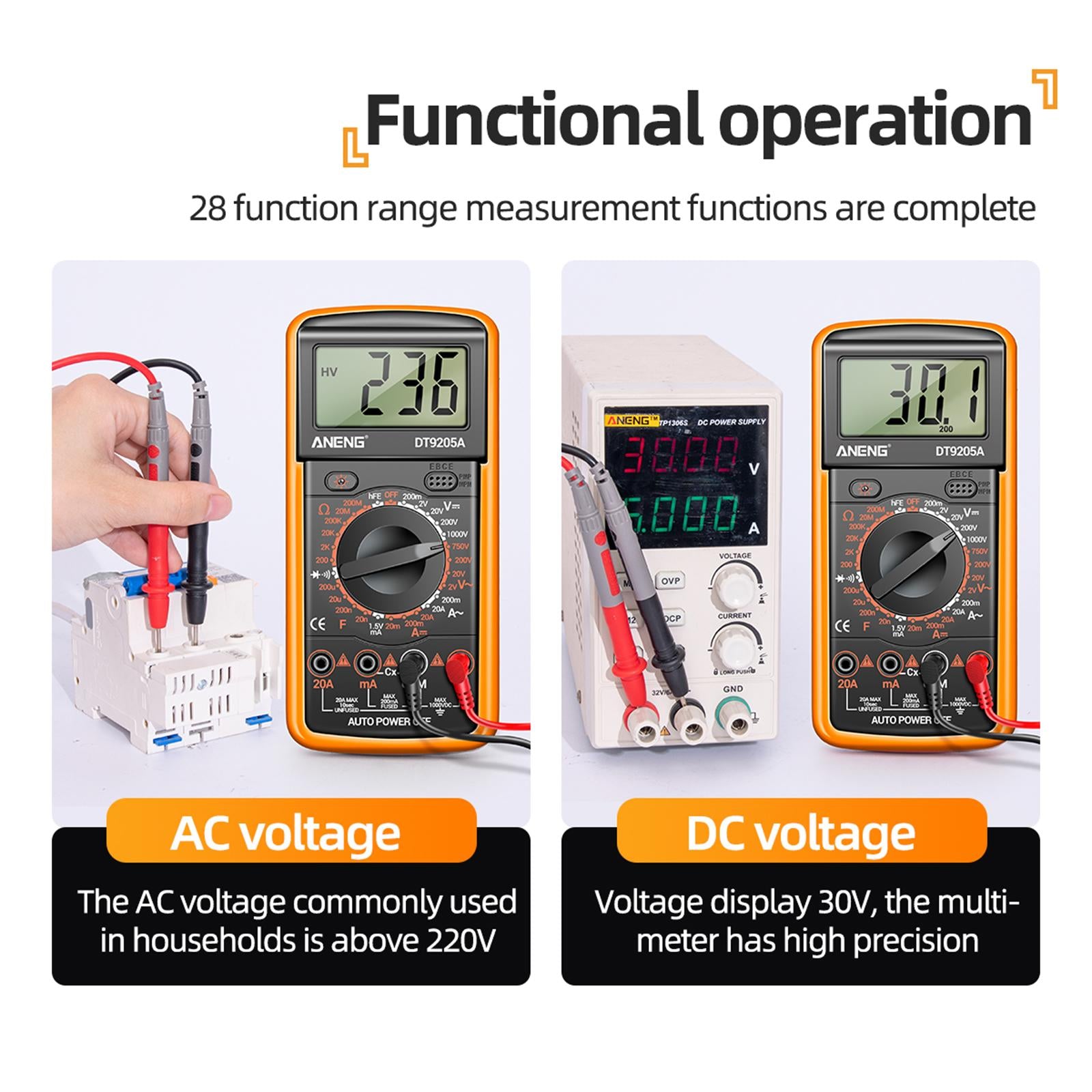 DT-9205A Handheld Digital Multimeter Continuity Test Diode Voltage Tester Yellow