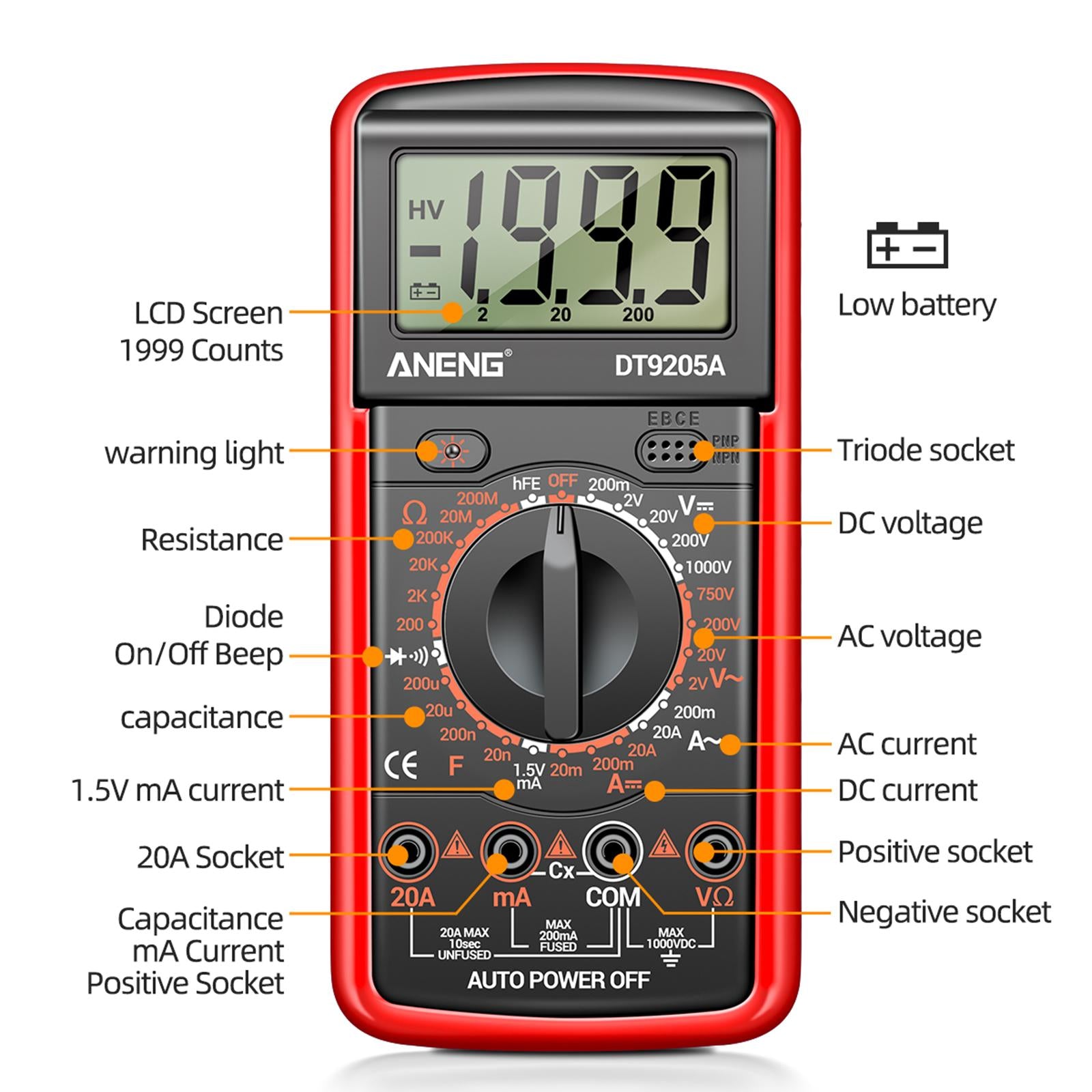 DT-9205A Handheld Digital Multimeter Continuity Test Diode Voltage Tester Red