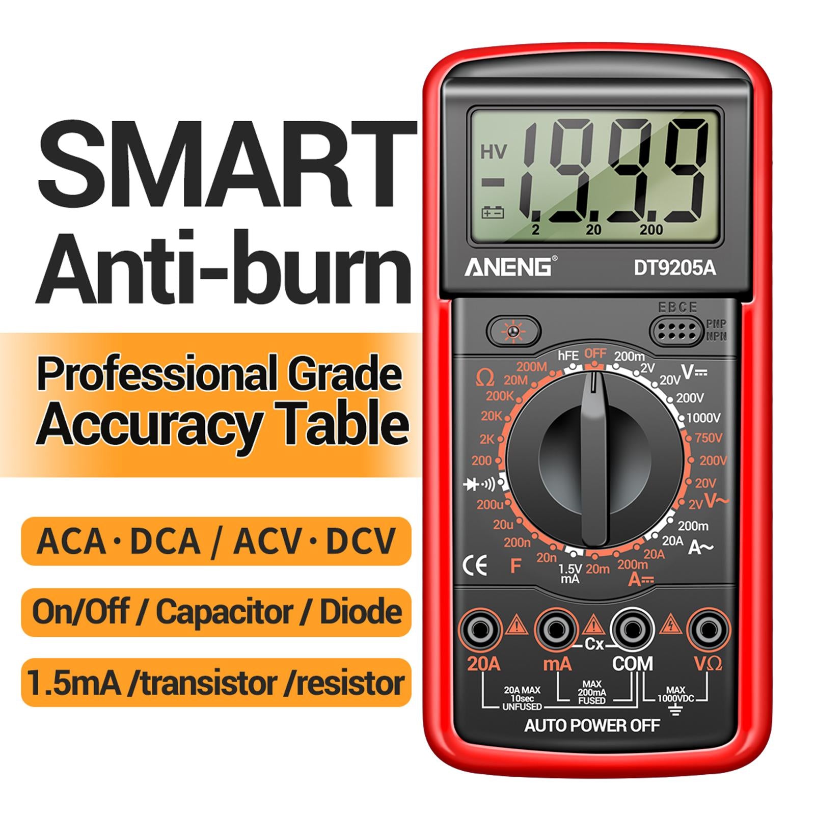DT-9205A Handheld Digital Multimeter Continuity Test Diode Voltage Tester Red