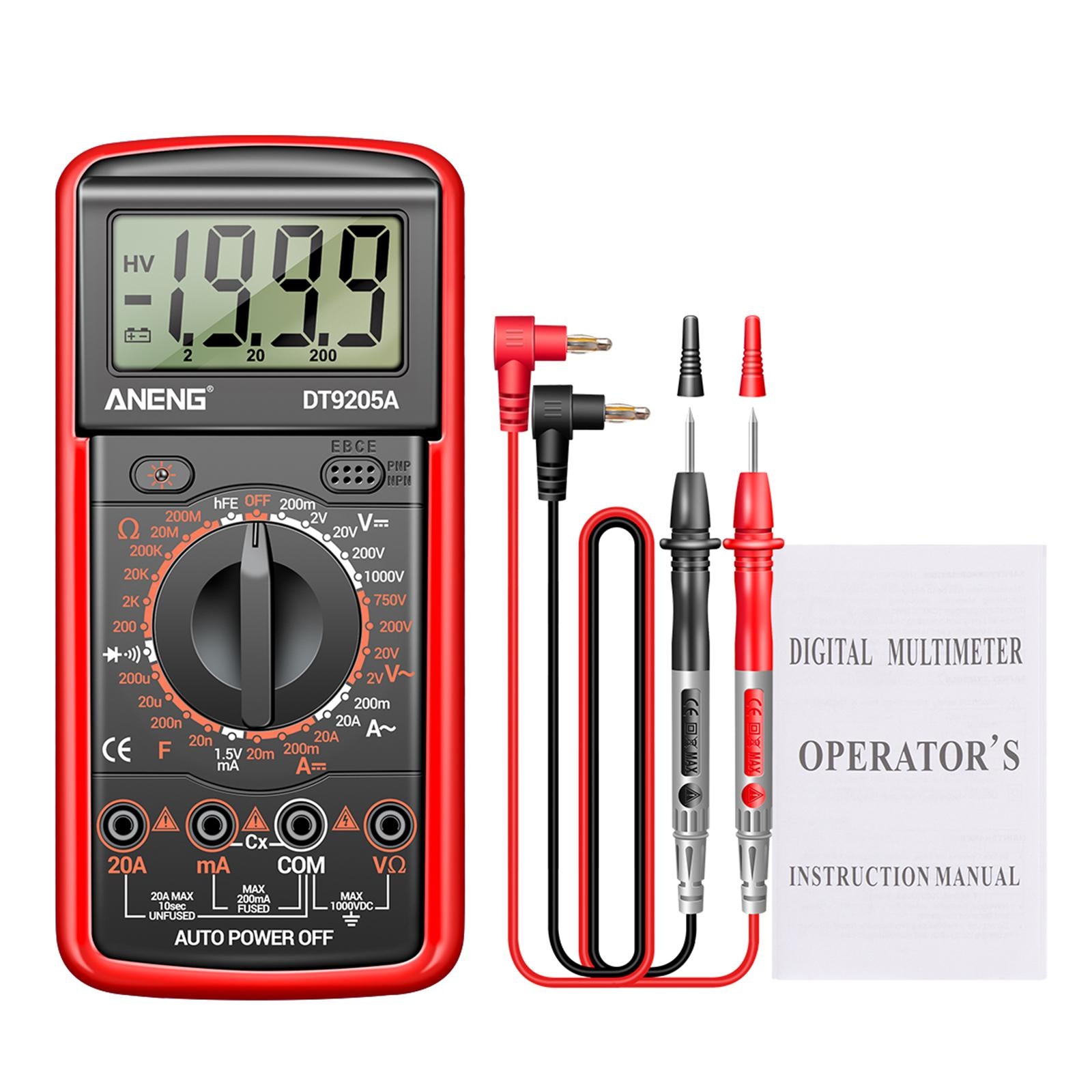 DT-9205A Handheld Digital Multimeter Continuity Test Diode Voltage Tester Red
