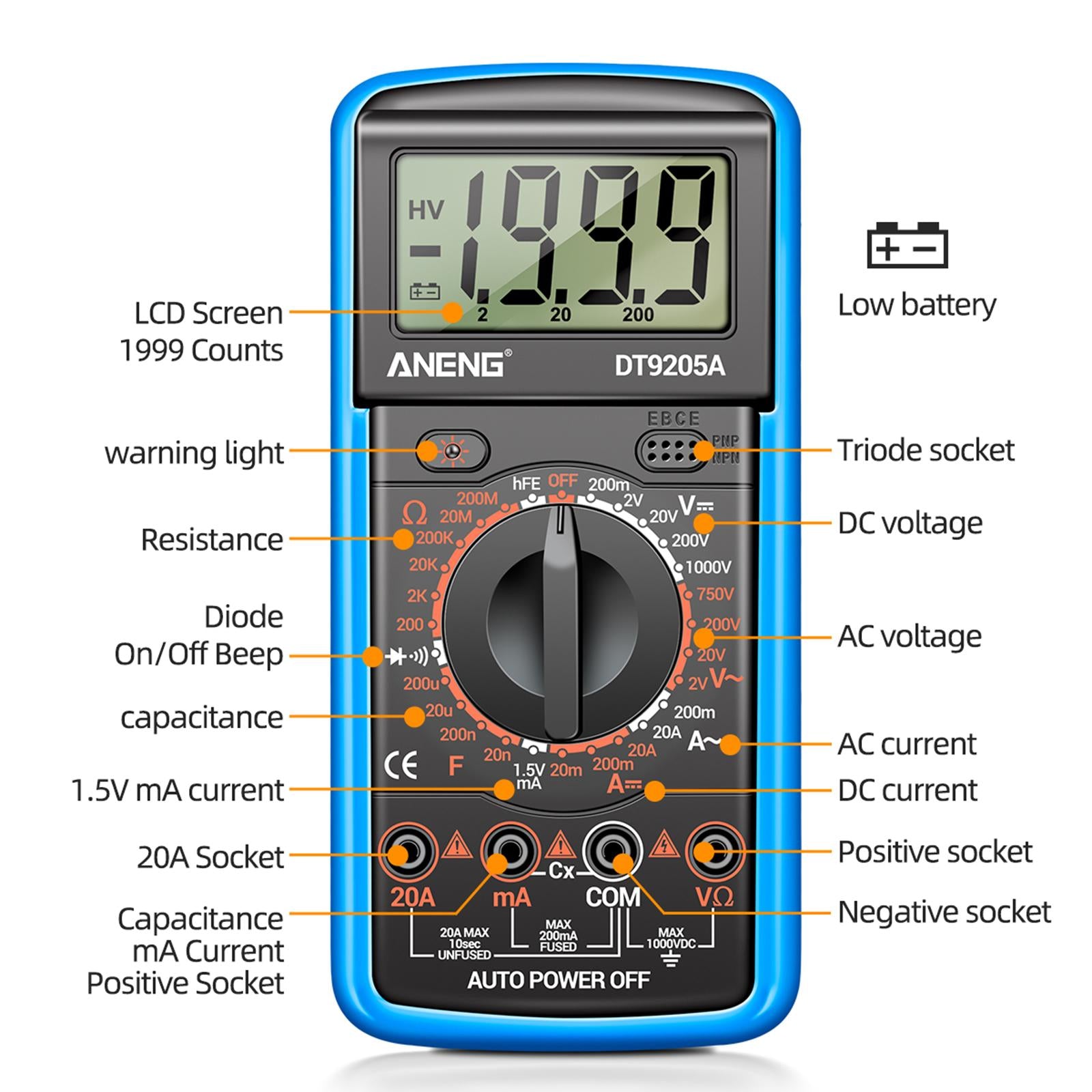 DT-9205A Handheld Digital Multimeter Continuity Test Diode Voltage Tester Blue
