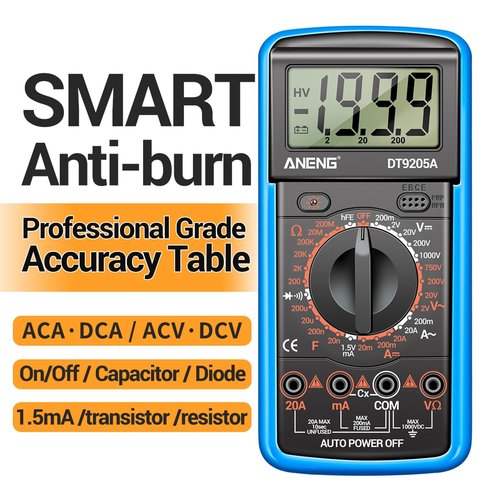 DT-9205A Handheld Digital Multimeter Continuity Test Diode Voltage Tester Blue