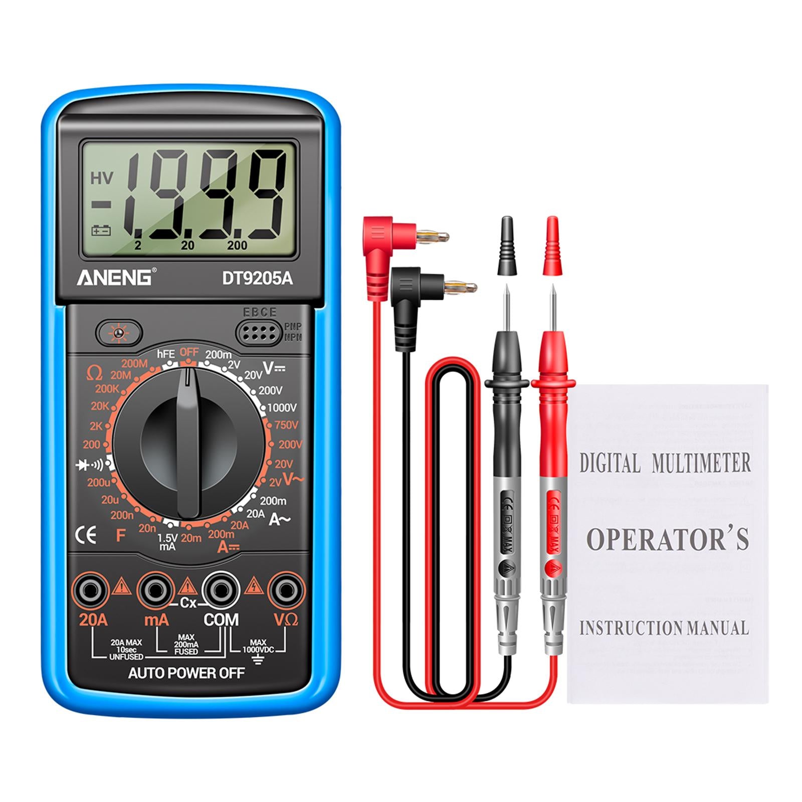 DT-9205A Handheld Digital Multimeter Continuity Test Diode Voltage Tester Blue