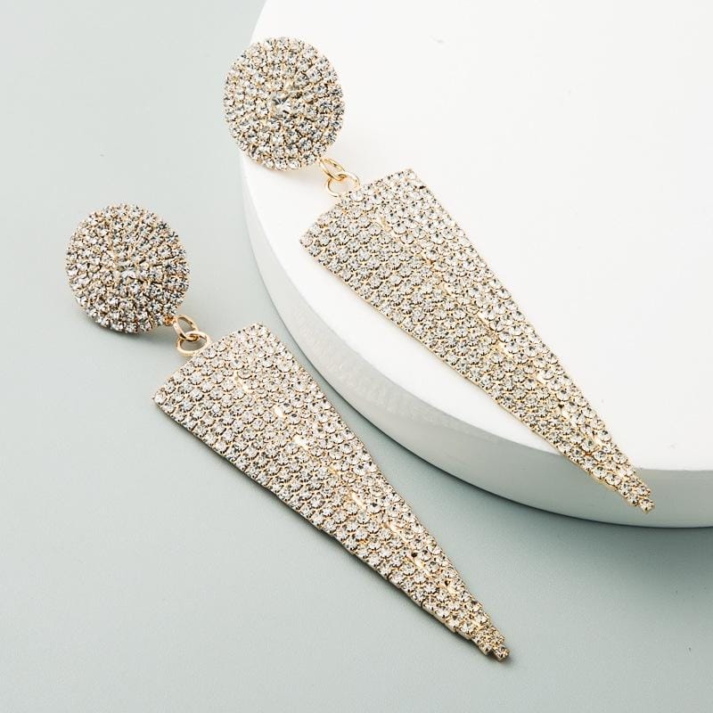 Round Triangle Earrings S925 Silver Needle Claw Chain With Rhinestone Long Tassel Earrings (Golden)
