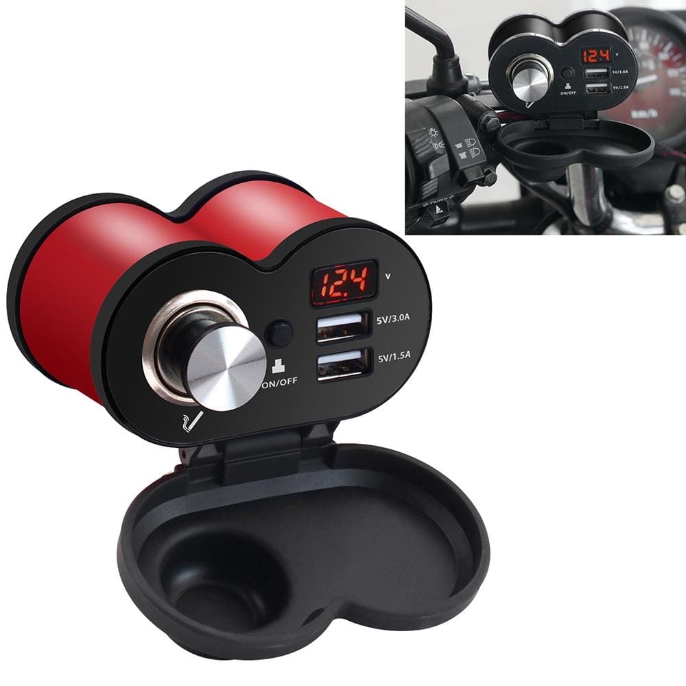 CS-834A1 Multi-function Motorcycle Waterproof Aluminium Alloy Mobile Phone Dual USB Charger Cigarette Lighter with Digital Display Switch (Red)