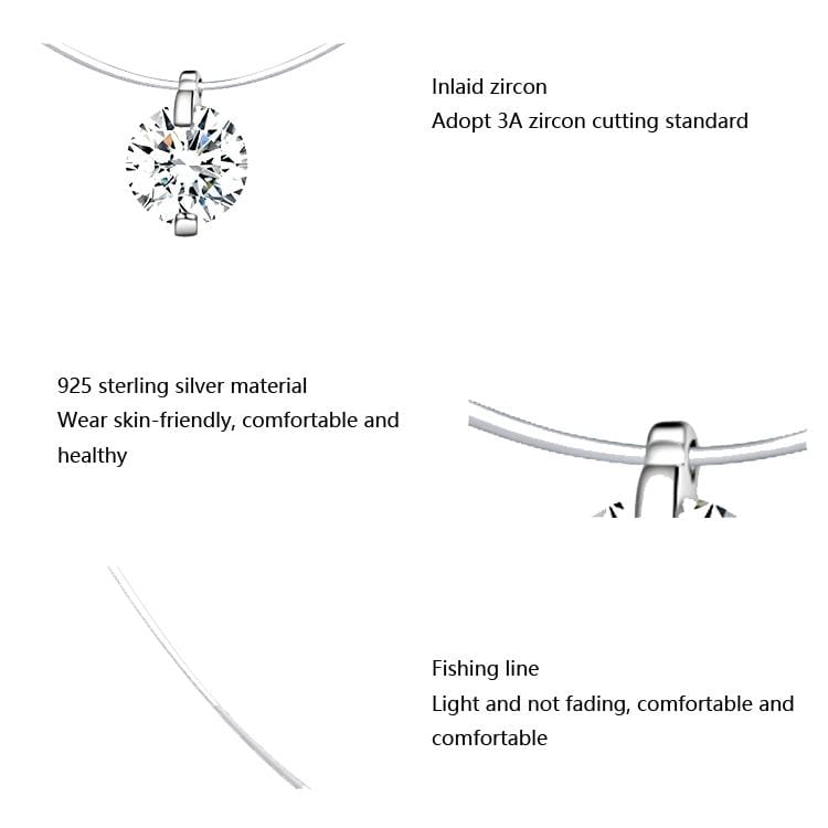 Invisible Fish Line Necklace Zircon Pendant S925 Sterling Silver Necklace