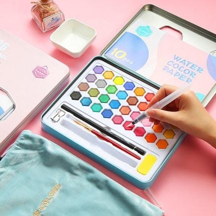 36 Color Solid Watercolor Paint Portable Tin Box Beginner Hand-painted Painting Tool Set / Single Box (Blue)
