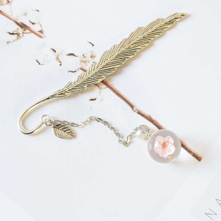 Dried Flower Bookmark Vintage Minimal Feather Reading Mark Arts Crafts Accessories (Pink Peachblossom)