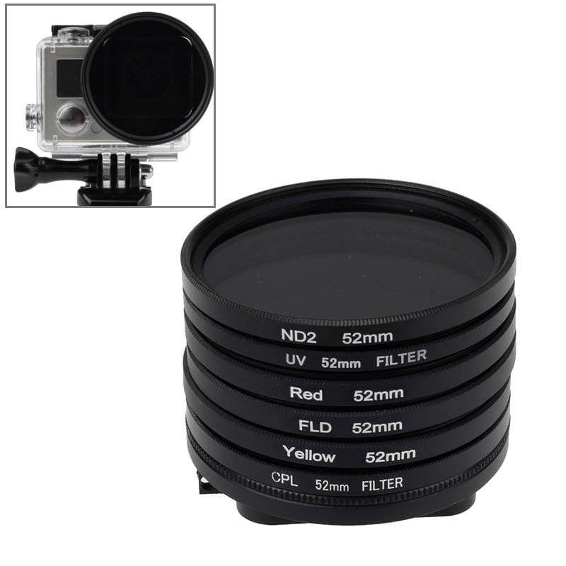 6 in 1 52mm ND2 Lens Filter + UV Lens Filter + Red Filter + FLD Filter + Yellow Filter + CPL Filter + Filter Adapter Ring for GoPro HERO4/ 3+