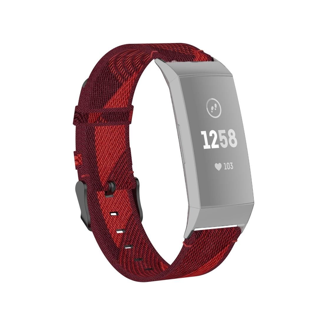 For Fitbit Charge 4 / Charge 3 / Charge 3 SE Stainless Steel Head Grain Nylon Denim Replacement Strap Watchband (Red Stripe)