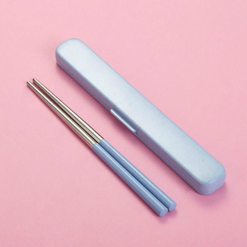 304 Stainless Steel Chopsticks + Wheat Straw Boxed Set Portable Takeaway Travel Tableware, Style:Clamshell (Blue)