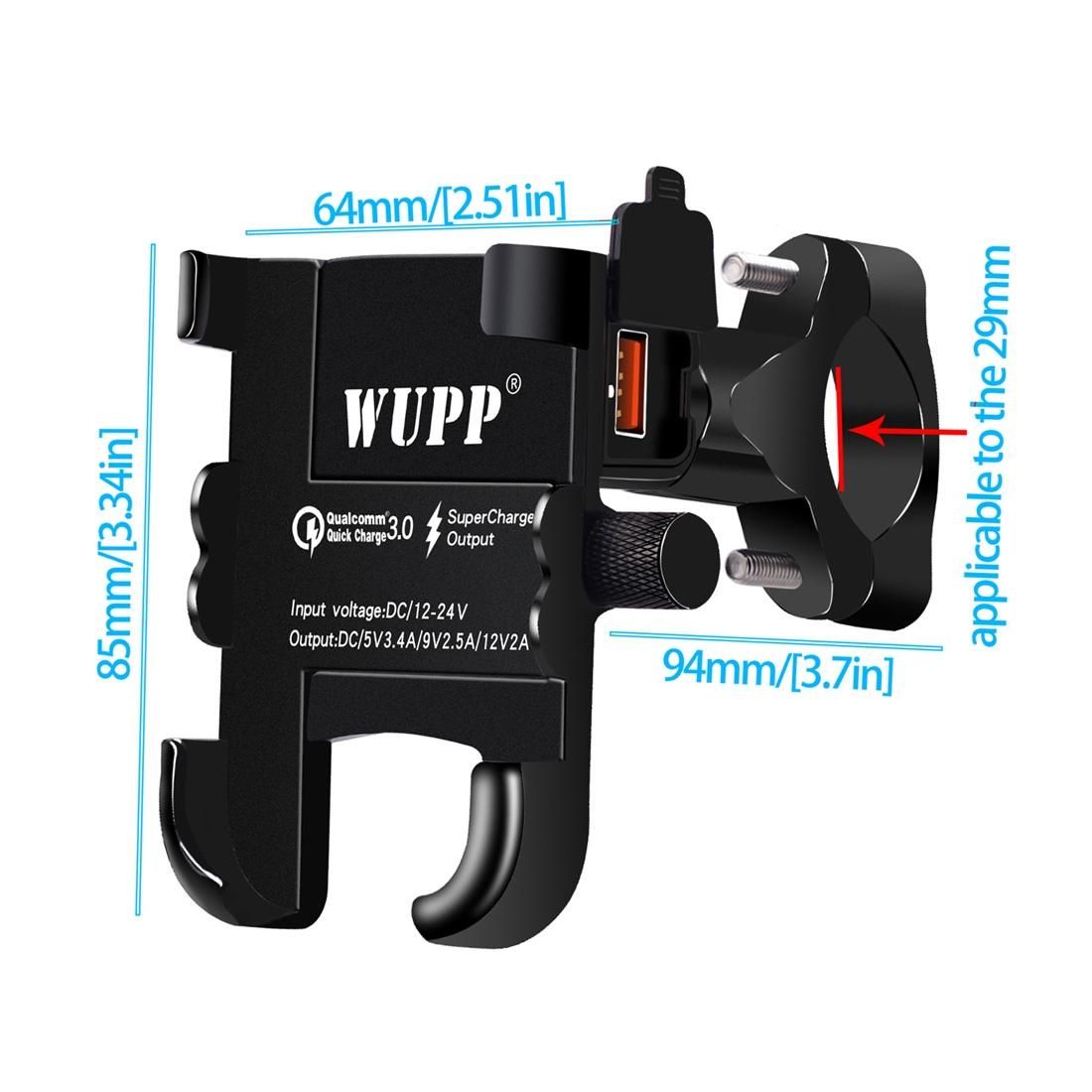 WUPP Motorcycle Waterproof QC 3.0 USB Port Fast Charger Adapter Aluminum Alloy Handlebar Mount with Switch (Black)