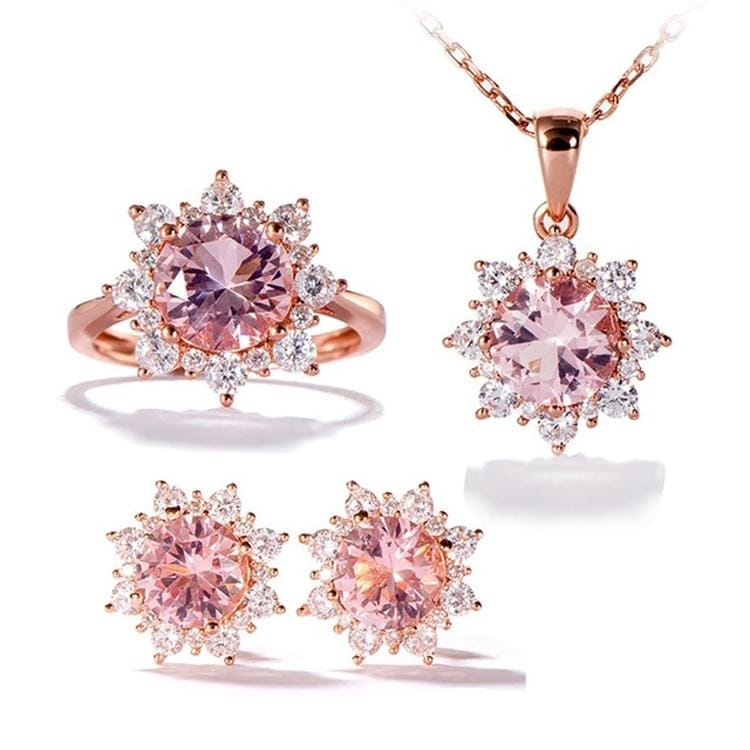 3 PCS/Set Snow Shape Gemstone Jewelry Set For Women, Ring Size:9 (Pink)