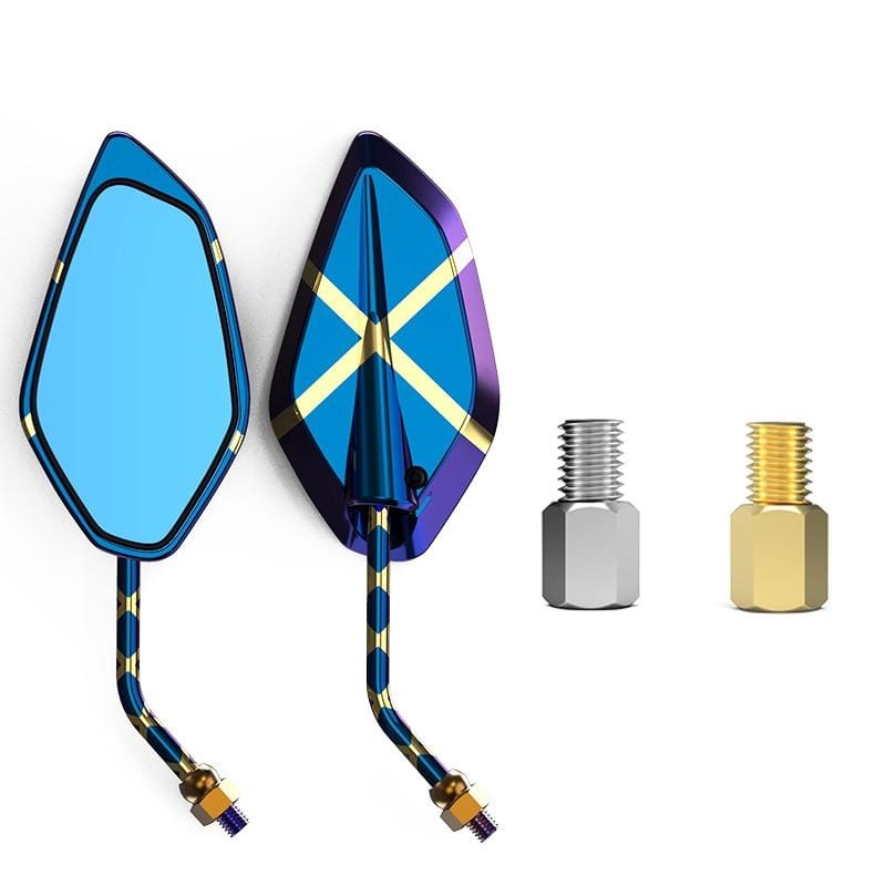 Motorcycle / Electromobile Modified Diamond-shaped Burnt Titanium Plating Rearview Mirror, Style:Fork Texture Gold Blue