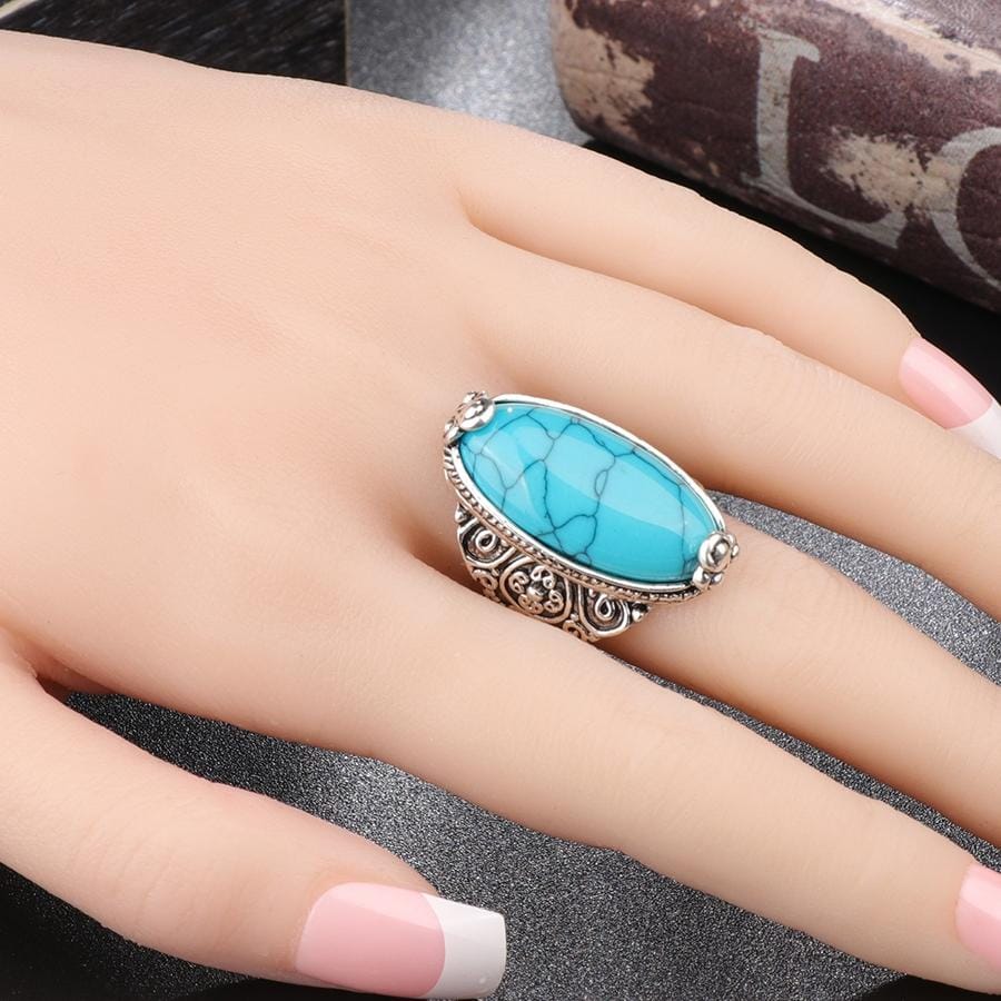 Fashion Vintage Oval Turquoise Flower Ring Women Antique Silver Jewelry, Ring Size:10 (Black)