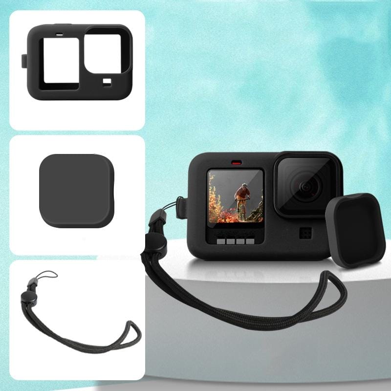 For GoPro HERO9 Black Silicone Protective Case Cover with Wrist Strap & Lens Cover (Black)