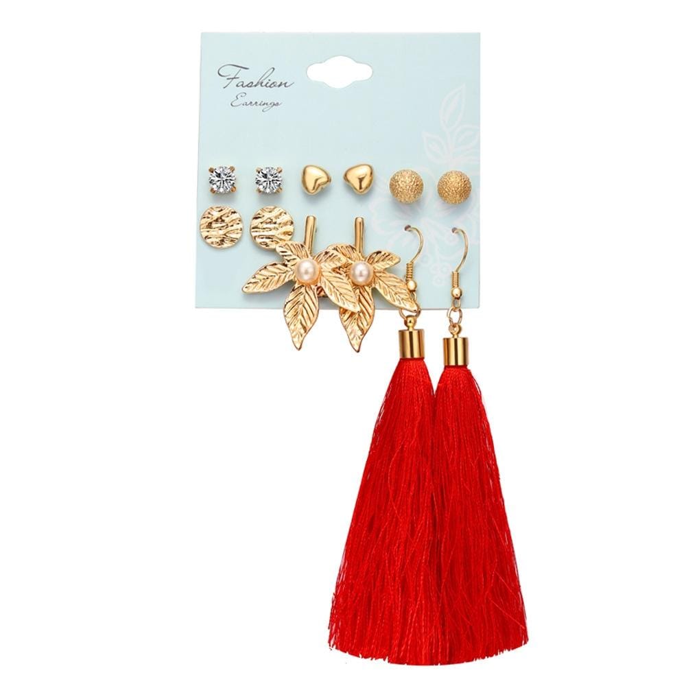 Women Long Tassel Stud Earrings Set Bohemian Flower Heart Earring (B11-02-15)