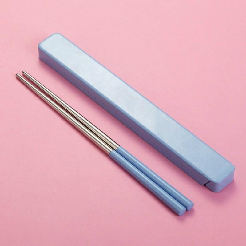 304 Stainless Steel Chopsticks + Wheat Straw Boxed Set Portable Takeaway Travel Tableware, Style:Pullout (Blue)