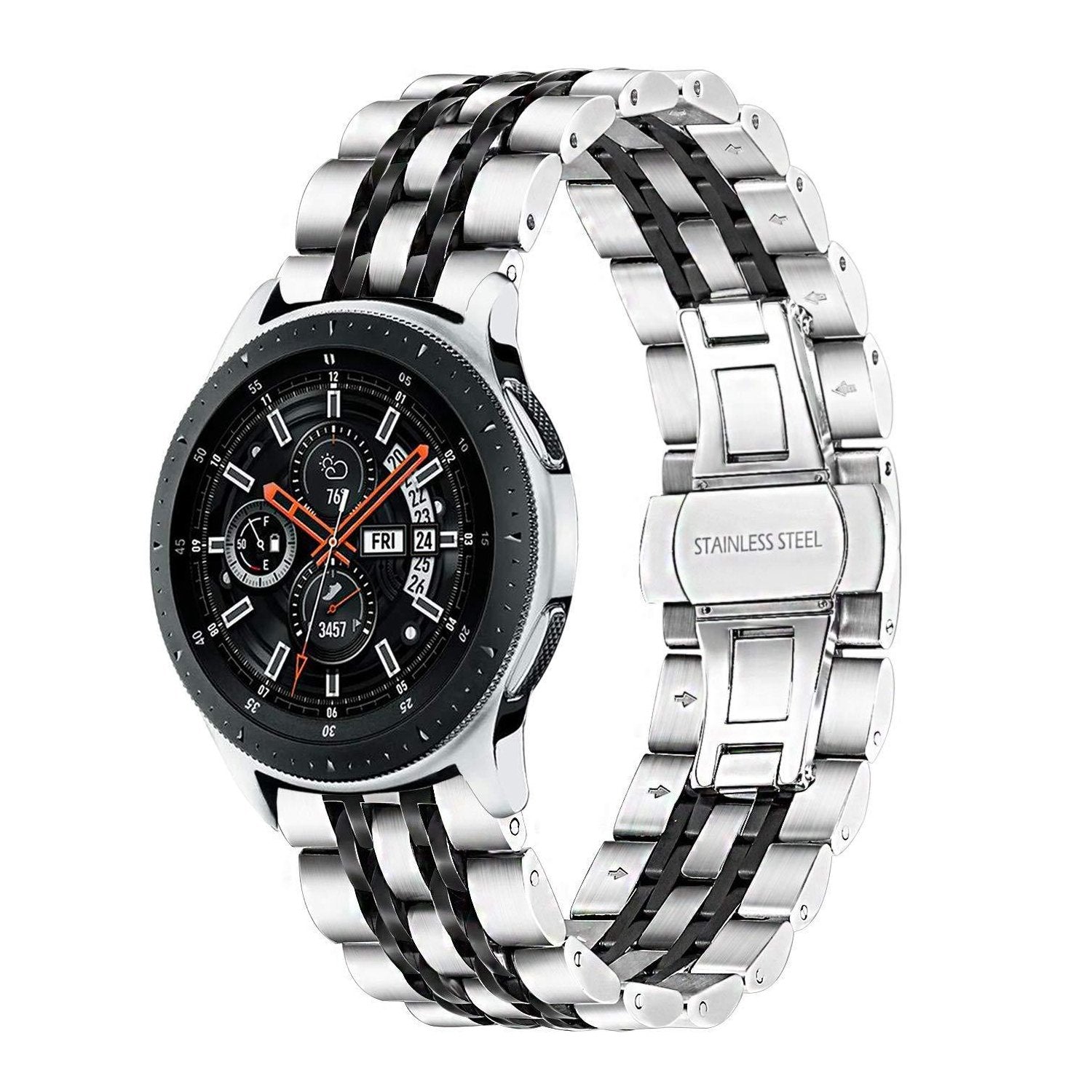 For Samsung Gear S3 Frontier / S3 Classic 7 Beads Stainless Steel Watch Band Fold Buckle Watch Straps Replacement - Silver / Black