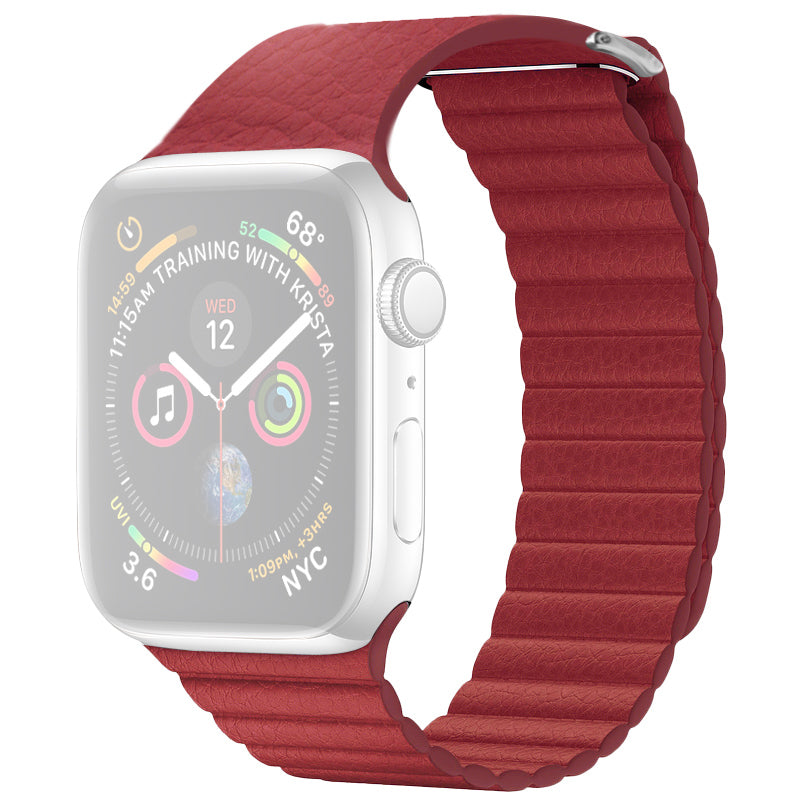 QIALINO Magnetic Loop Genuine Leather Watch Strap for Apple Watch Series 5 4 44mm, Series 3 / 2 / 1 42mm - Red