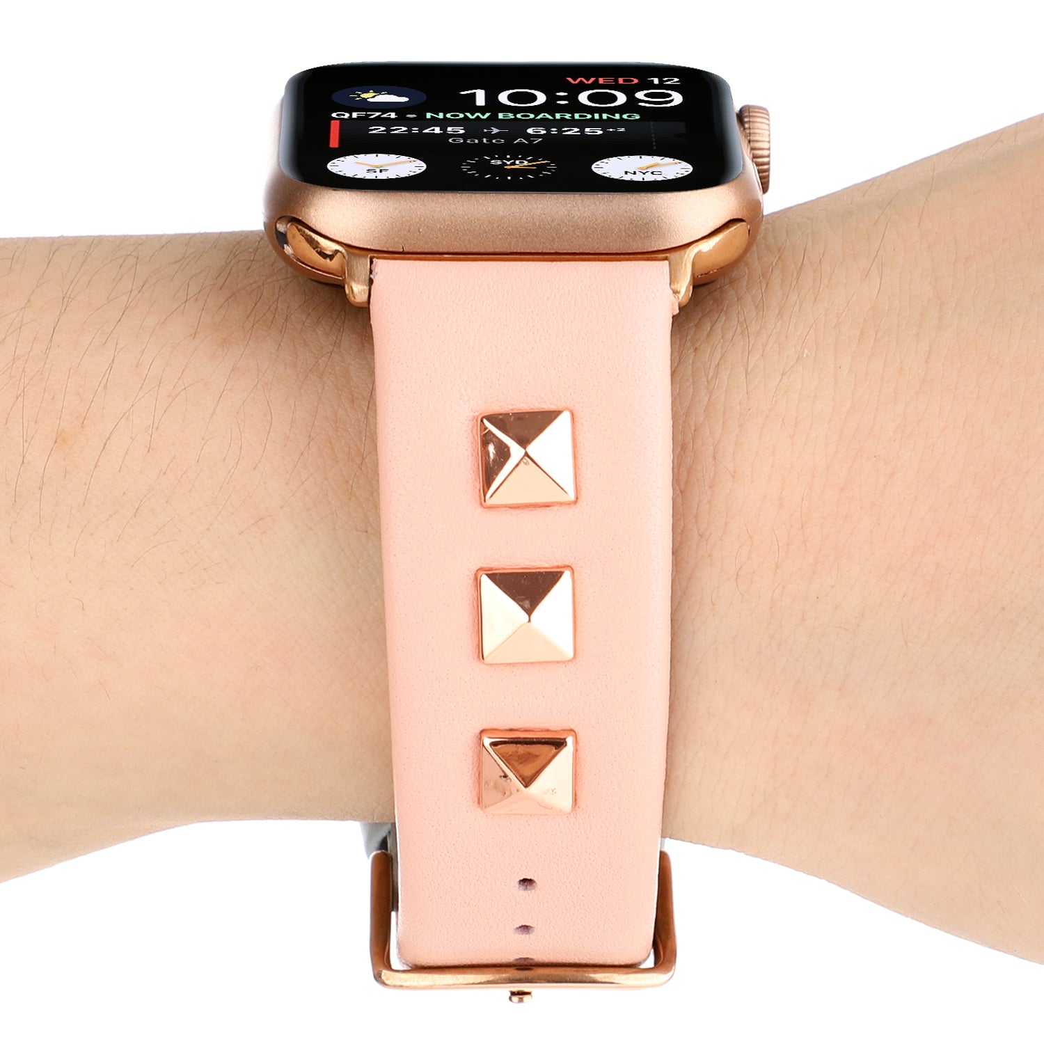 Genuine Leather Watch Strap Smart Watch Band Watchband with Rose Gold Fastener for Apple Watch Series 8 45mm / Ultra 49mm / 7 45mm / Series 1 2 3 42mm / Series 6 SE / SE (2022) 5 4 44mm -Light Pink