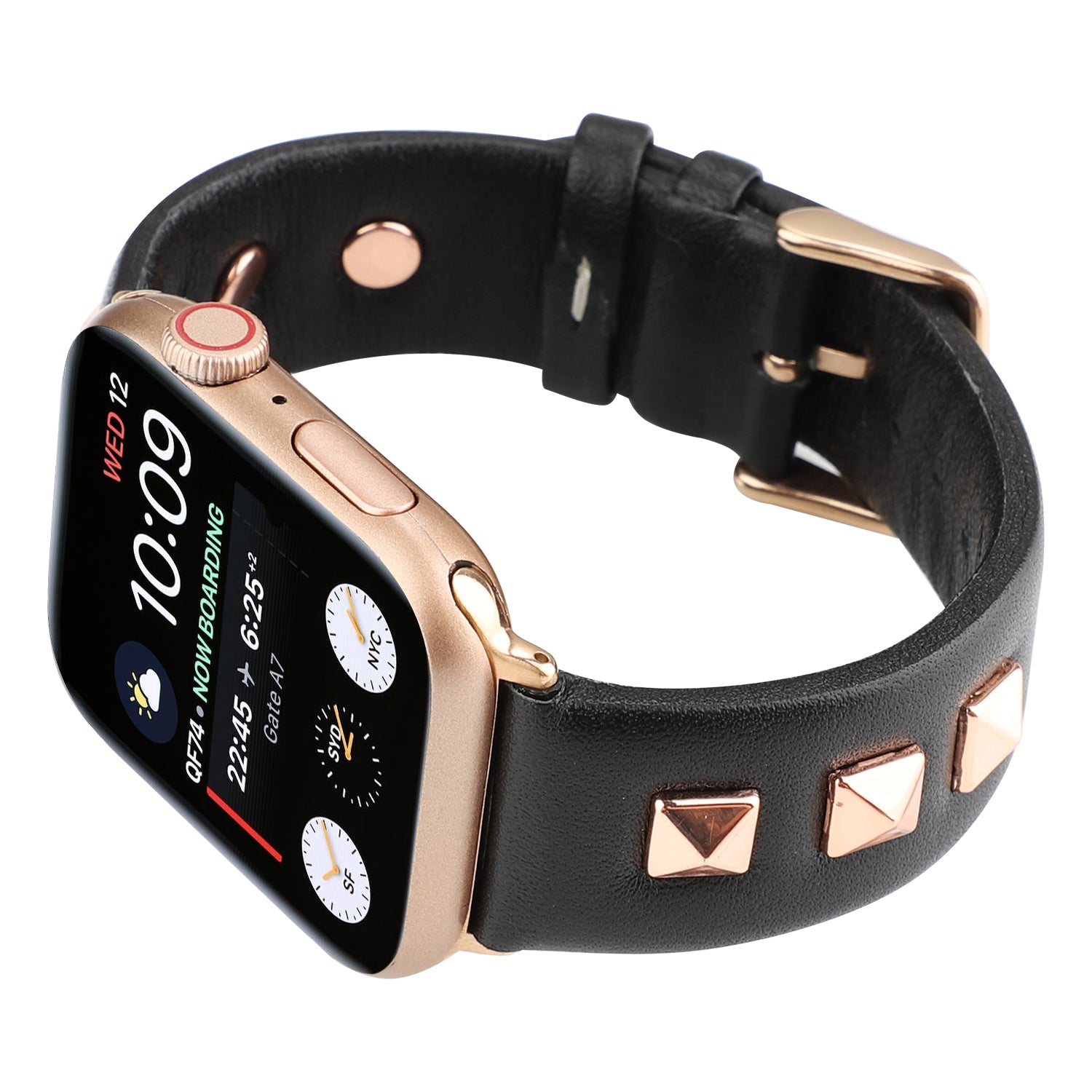 Genuine Leather Watch Strap Smart Watch Band Watchband with Rose Gold Fastener for Apple Watch Series 8 45mm / Ultra 49mm / 7 45mm / Series 1 2 3 42mm / Series 6 SE / SE (2022) 5 4 44mm -Black