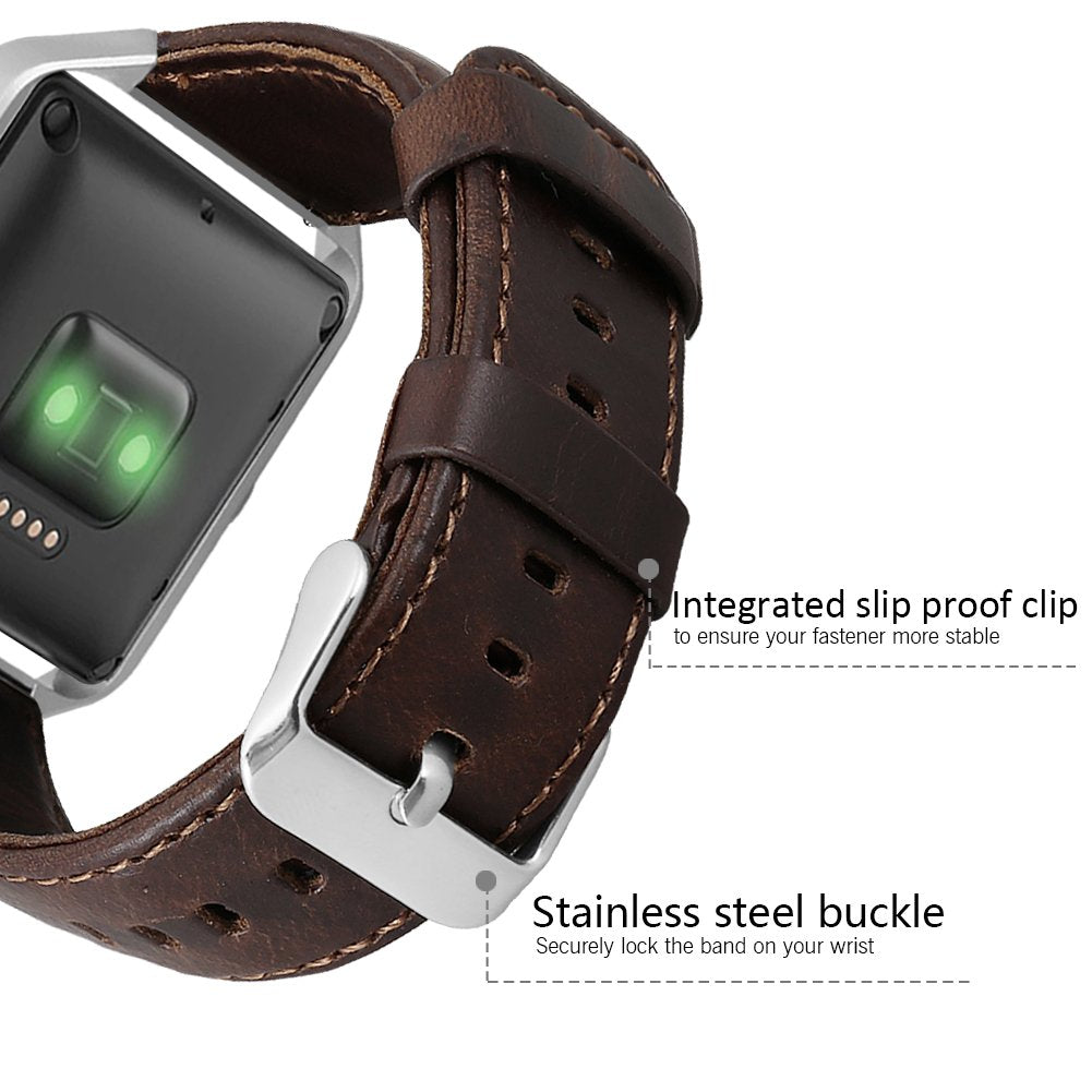 Crazy Horse Skin Cowhide Leather Smart Watch Band for Fitbit Blaze - Dark Brown/Silver Frame