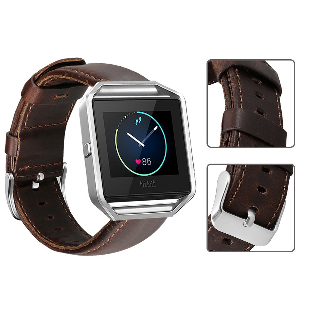 Crazy Horse Skin Cowhide Leather Smart Watch Band for Fitbit Blaze - Dark Brown/Silver Frame