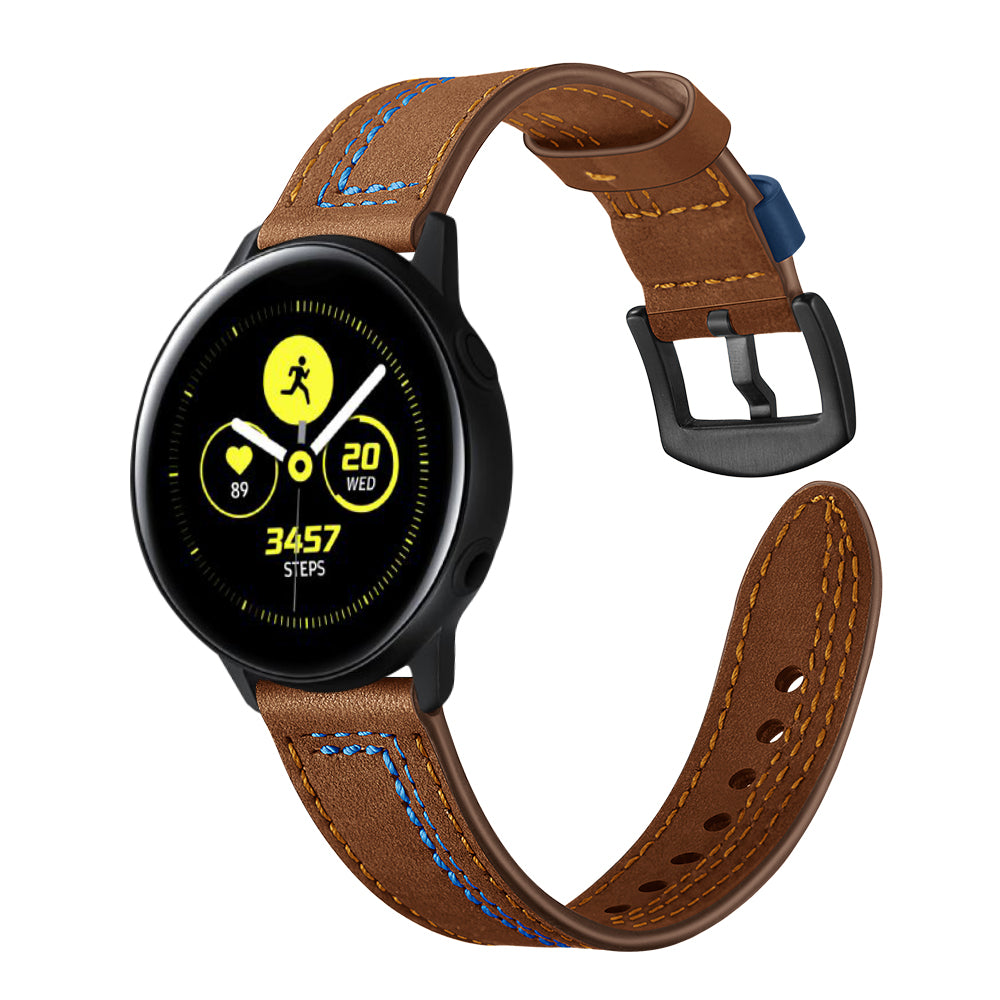 20MM 7-shaped Stitches Genuine Leather Watch Strap Replacement for Samsung Galaxy Watch Avtive 42mm - Brown