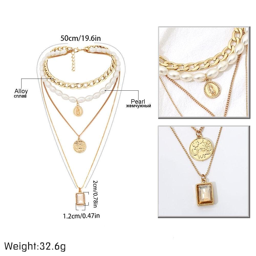 Punk Multi Layered Pearl Choker Necklace Collar Statement Virgin Mary Coin Crystal Pendant Necklace Women Jewelry (Golden)