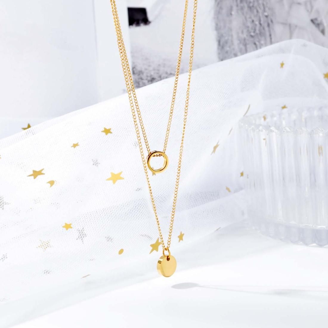 OPK 1657 Simple Double-layer Ring Necklace Geometric Round Pendant Clavicle Chain Jewelry