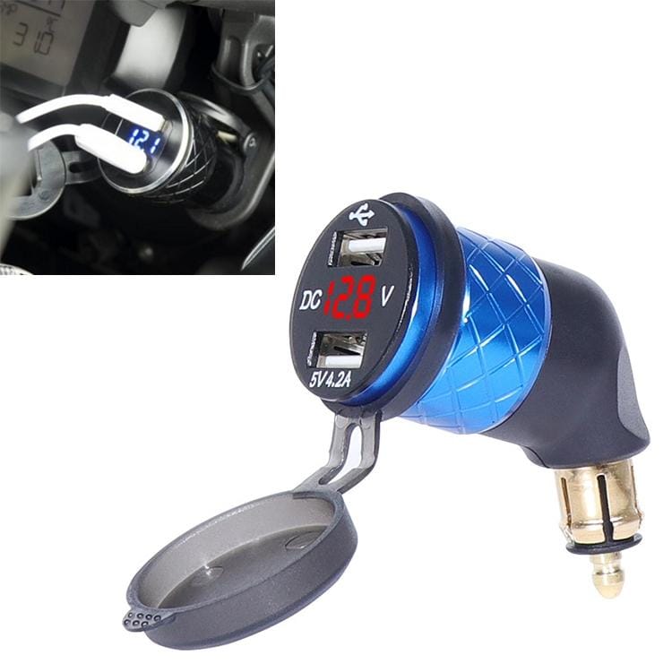 German EU Plug Special Motorcycle Elbow Charger Dual USB Voltmeter 4.2A Charger, Shell Color:Blue (Red Light)
