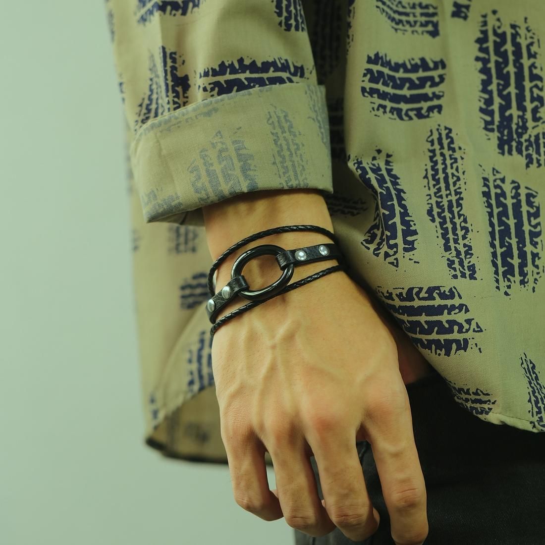 OPK 1398 Men Ring Titanium Steel Leather Bracelet Retro Multi-layer Woven Wristband, Color:Black