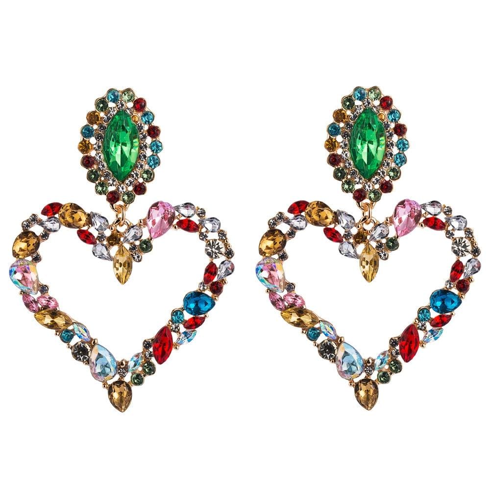 2 PCS Heart Shaped Alloy Retro Earrings With Colored Rhinestone Flashing Full Rhinestone Earrings (Color)