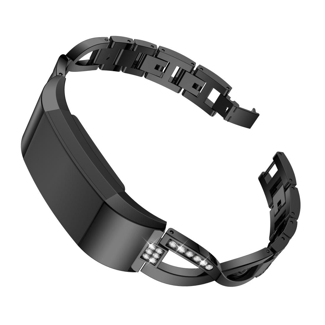 X-shaped Diamond-studded Solid Stainless Steel Wrist Strap Watch Band for Fitbit Charge 2 (Black)
