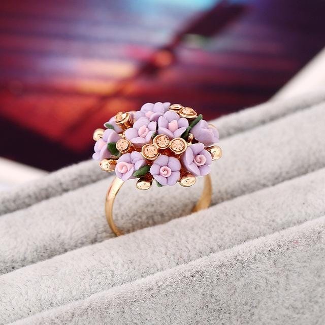 Fashion Ceramic Flower Ring for Women Adjustable Wedding Rings Jewelry (Purple)